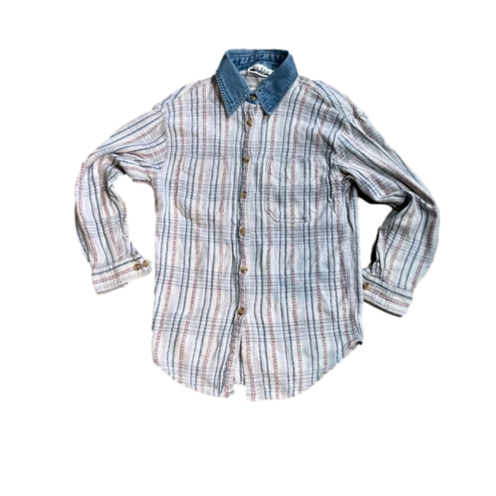 ZIG ZAG Vintage Size Small Cream, Red, Blue Plaid with Denim Collar Det ca04546